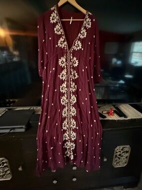 Free People Fable Burgundy Maxi Dress with Cream Floral Embroidery